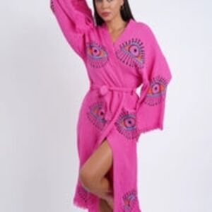 Cotton Turkish Robe - Pink - Handmade In Turkey - Evil Eye Pattern